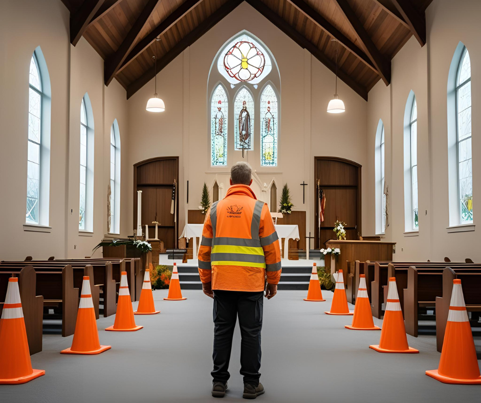 Man in construction vest in sanctuary with warning cones at each aisle to ponder why safety matters in church/ministry settings.